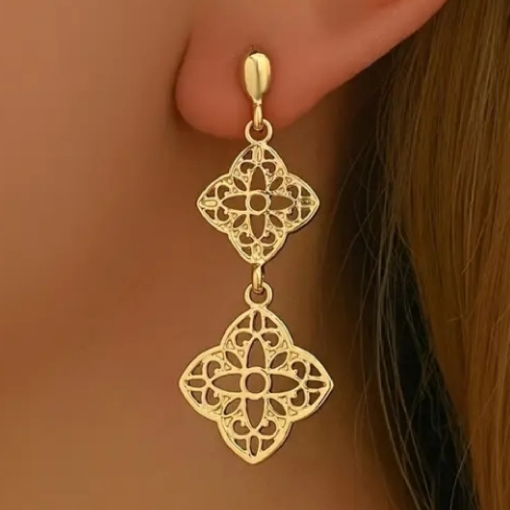Gold Clover Filigree Drop Earrings - Picture 4 of 5